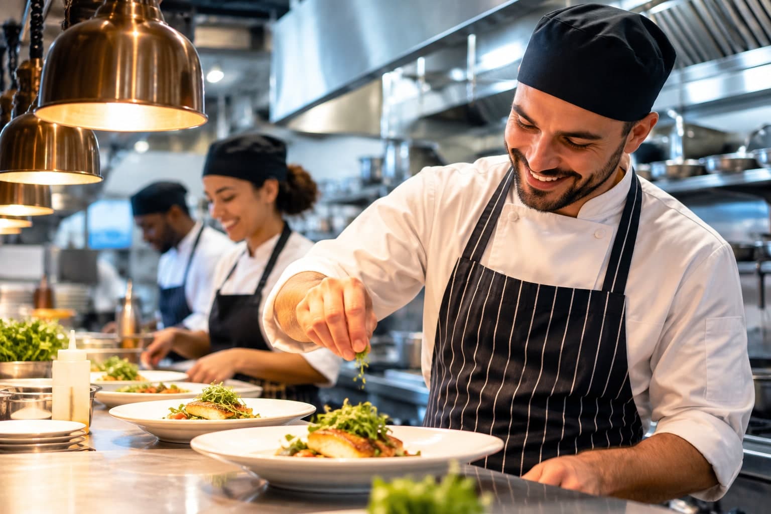 A chef plating a dish in a restaurant kitchen, with kitchen staff working in the background