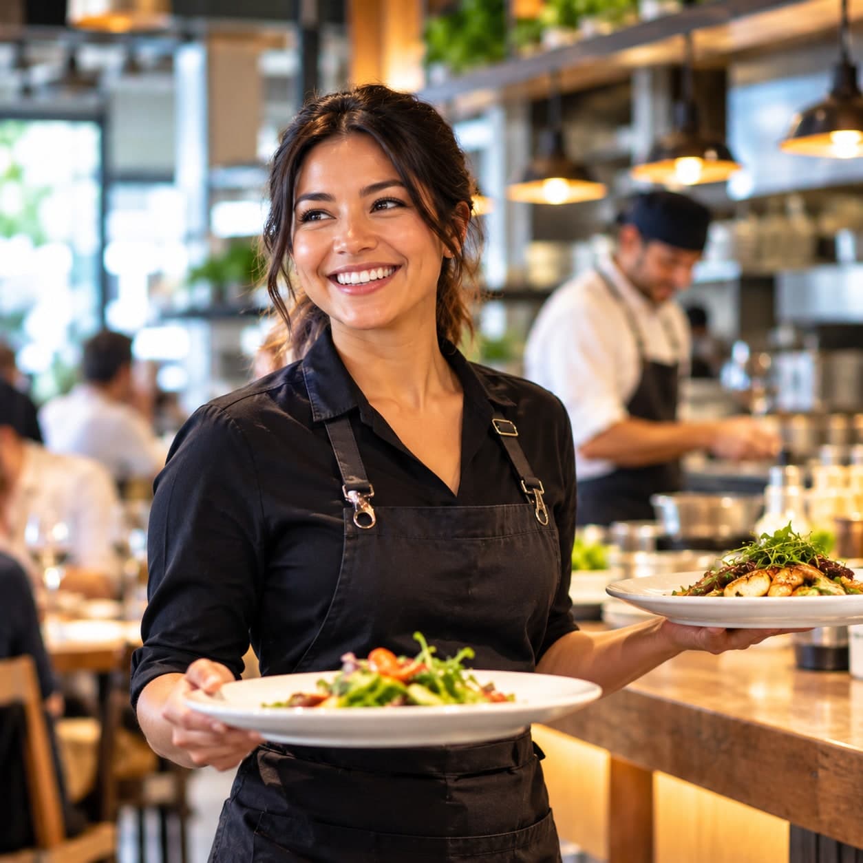 A restaurant server smiling while carrying two plates of food