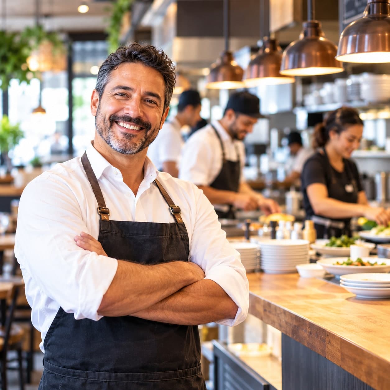 A restaurant owner standing confidently in his restaurant