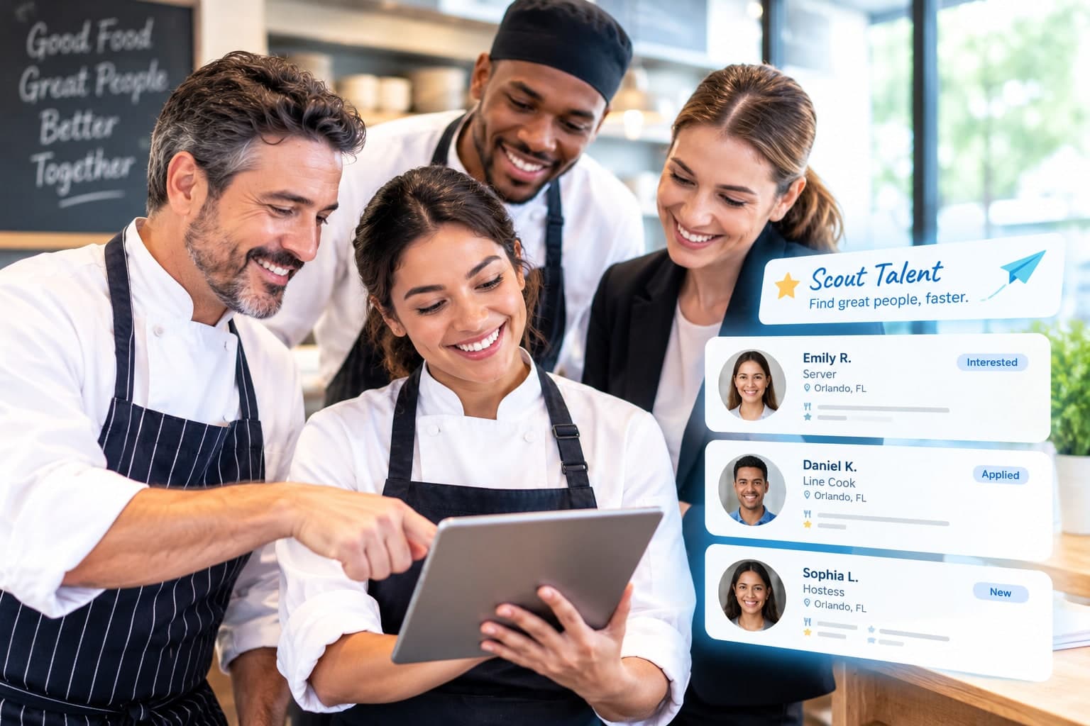 A restaurant team reviewing candidate profiles together on a tablet